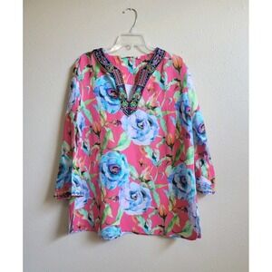 Soft Surroundings Hidden Villa Linen Blend Exotic Flowers Embroidery Accent 1X